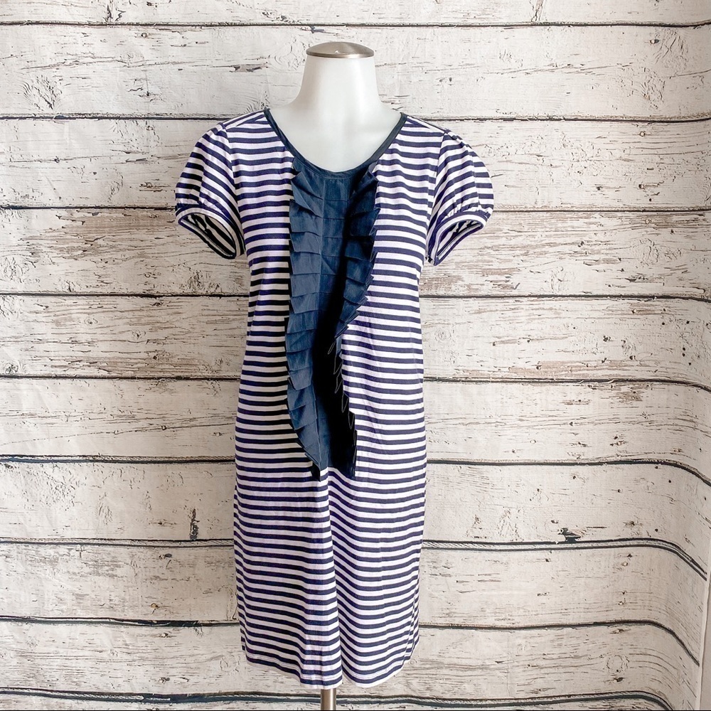 Theory blue and white striped ruffle t-shirt dress
